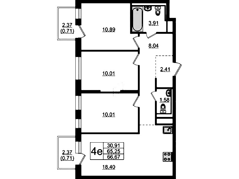 3-комнатная квартира 66.67 м², 7/12 эт., ЖК «Новые Лаврики»